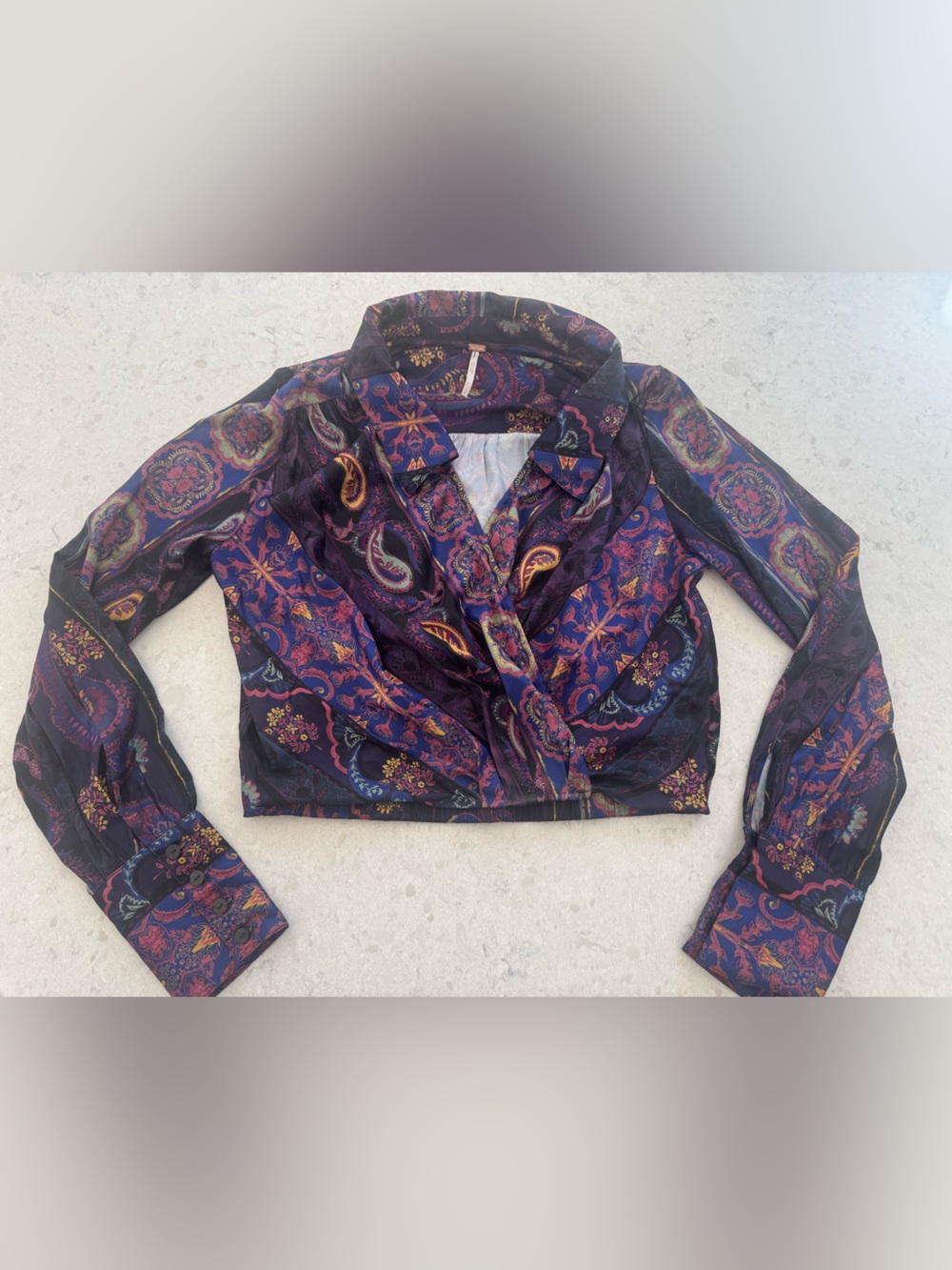 Free People Purple Paisley faux Wrap Crop Blouse Small